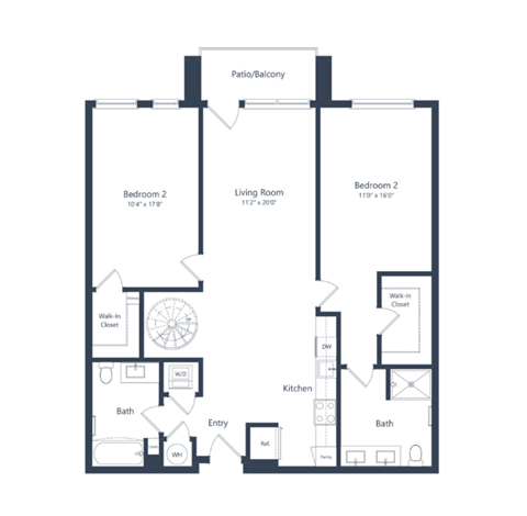 A floor plan of a house with two bedrooms, a living room, a kitchen, a bathroom, and a patio.